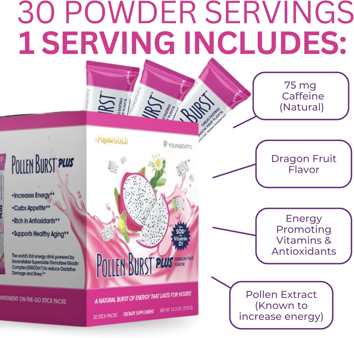 Youngevity ProJoba Pollen Burst Dragon Fruit Energy Supplement with Green Tea and Pollen Extract - Boost Focus, Endurance, and Mental Clarity - 30 Sticks