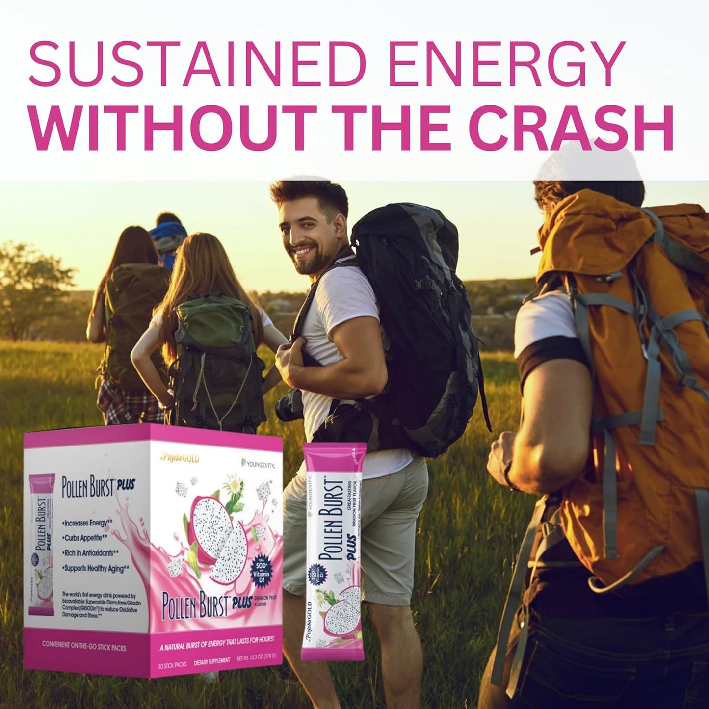 Youngevity ProJoba Pollen Burst Dragon Fruit Energy Supplement with Green Tea and Pollen Extract - Boost Focus, Endurance, and Mental Clarity - 30 Sticks