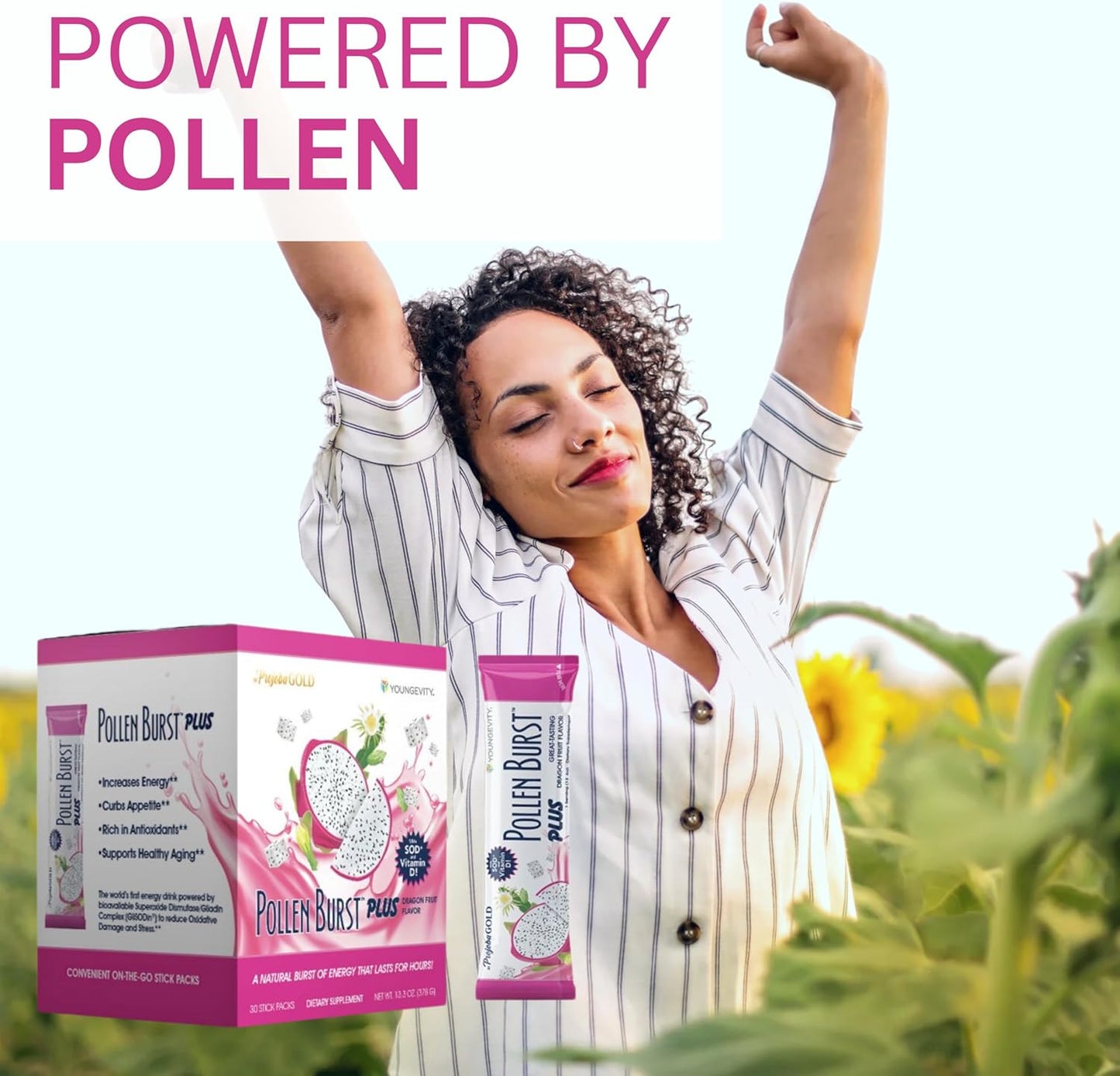 Youngevity ProJoba Pollen Burst Dragon Fruit Energy Supplement with Green Tea and Pollen Extract - Boost Focus, Endurance, and Mental Clarity - 30 Sticks