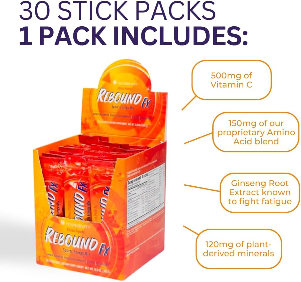 Youngevity Rebound FX™ Citrus Punch On-The-Go Stick Packs - 30 Count Box - Energy Drink with Vitamins, Amino Acids, and Electrolytes - Natural Caffeine - Hydration and Recovery Support