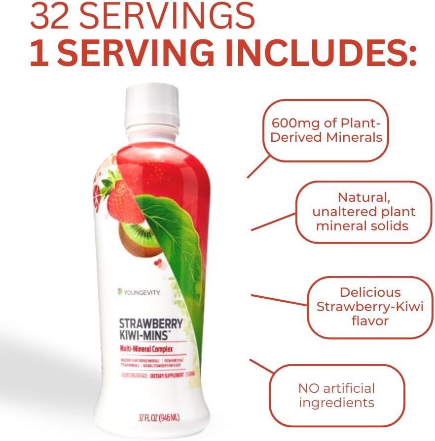 Youngevity Strawberry Kiwi-Mins Liquid Multi-Mineral Complex - Plant Derived from Humic Shale - Kid Friendly - 32oz Bottle