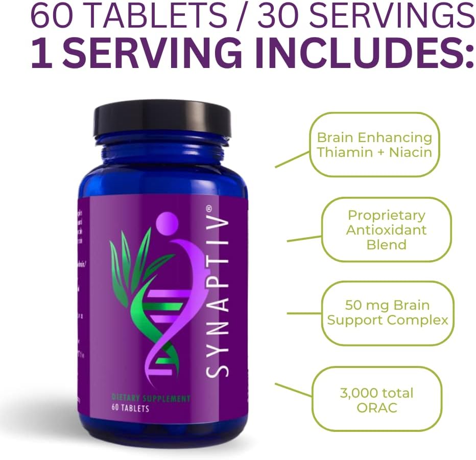 Youngevity Synaptiv™ Brain Support Supplement - 12 Powerful Ingredients for Memory, Focus, and Cognitive Function - Antioxidants + Vitamins - 60 Tablets