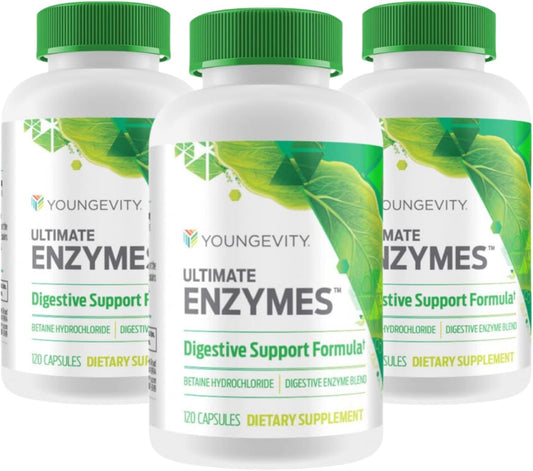 Youngevity Ultimate Enzymes: Digestive Support Formula with Betaine Hydrochloride - Natural Enzyme Blend - 3 Bottles