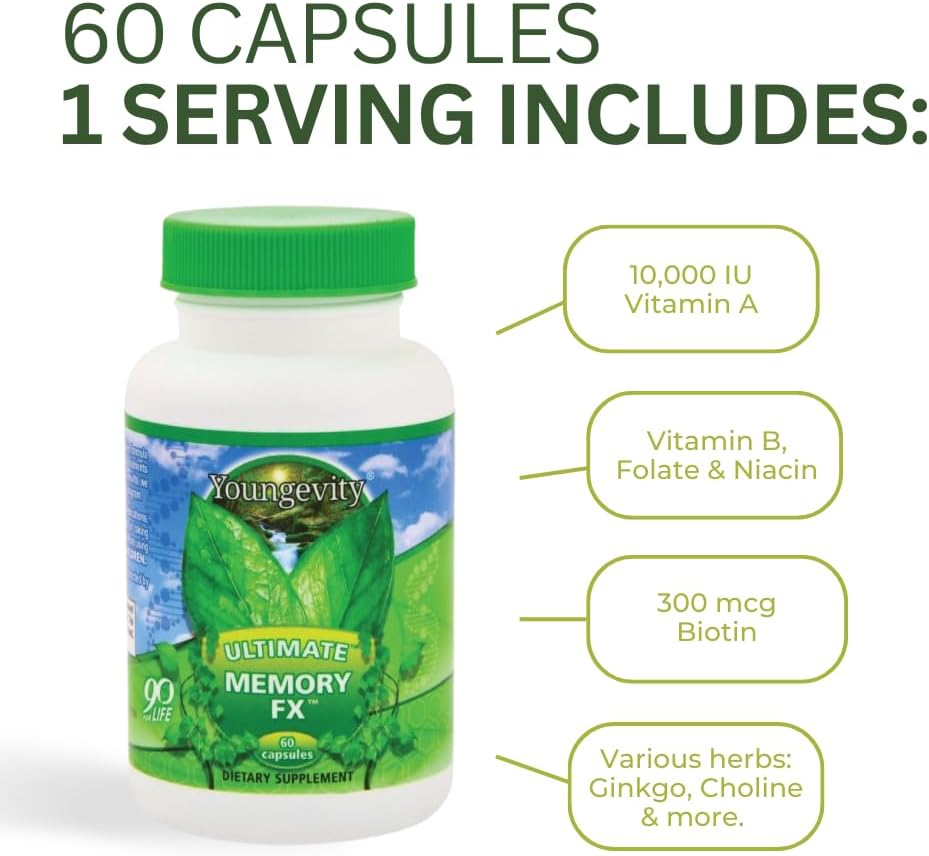 Youngevity Ultimate Memory FX™: Brain Health and Memory Retention Supplement with Ginkgo Leaf, Periwinkle Herb, and Vitamins - 60 Capsules