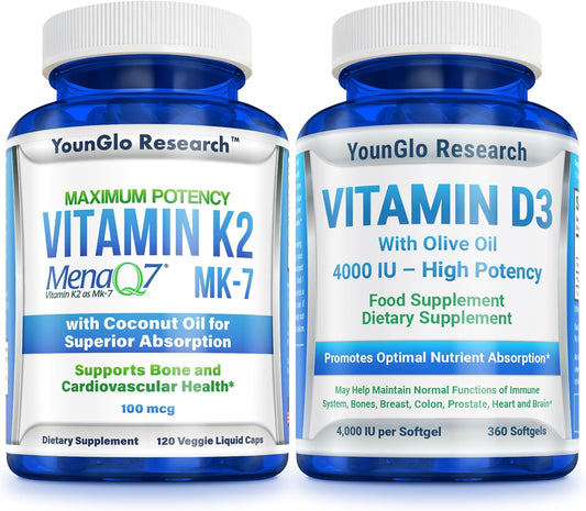 YounGlo Research Vitamin D3 4000 IU and Vitamin K2 MK7 100 mcg Capsules for Bone Health and Immunity Support