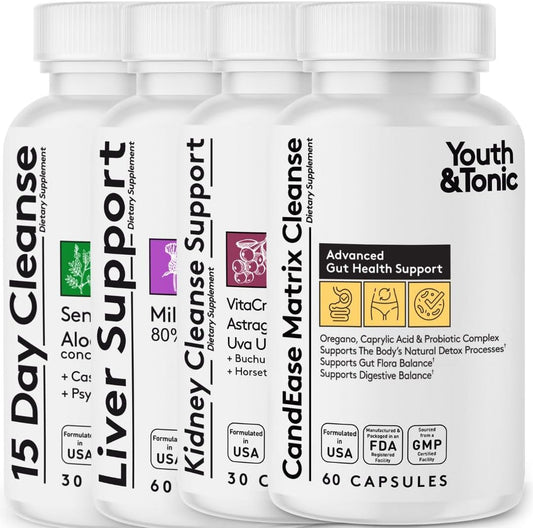 Youth & Tonic Body Detox & Cleanse with Liver Support - 180 Pills for Men & Women, Kidney & Colon Cleanse, CandEase Matrix