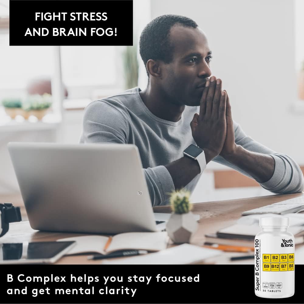 Youth & Tonic Super B Complex: Boost Mental Clarity & Energy Metabolism, Combat Stress & Fatigue - B 100 Vitamin Complex for Nervous System Support