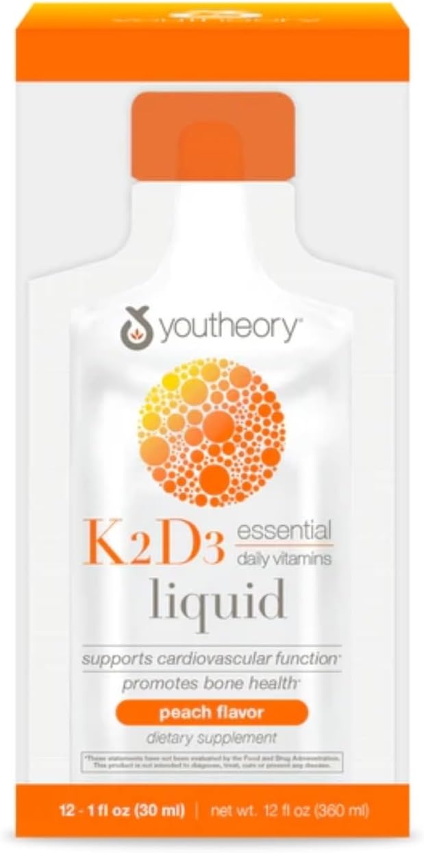 Youtheory K2D3 Liquid Peach Flavor 1 oz (12 Pack) - Vitamin D3 & K2 Bone and Heart Health Support - Dairy, Soy, and Gluten Free