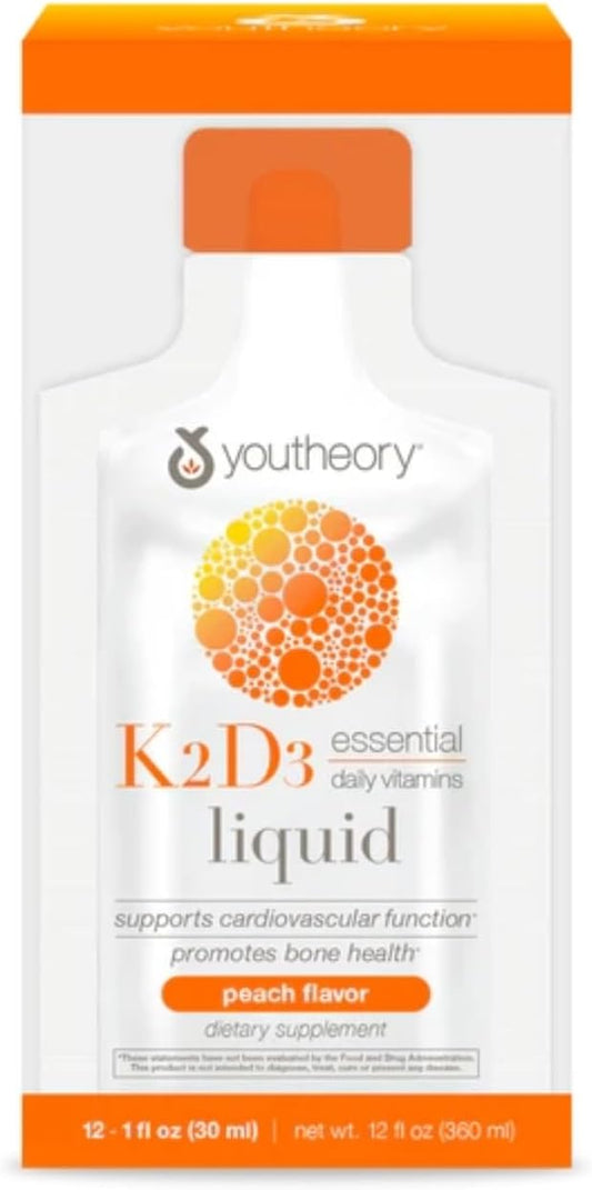 Youtheory K2D3 Liquid Peach Flavor 1 oz (12 Pack) - Vitamin D3 & K2 Bone and Heart Health Support - Dairy, Soy, and Gluten Free