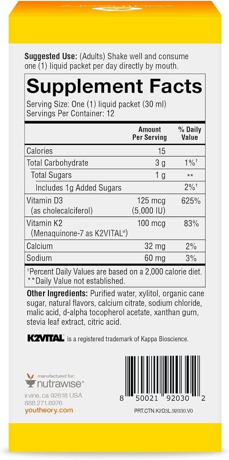 Youtheory K2D3 Liquid Peach Flavor 1 oz (12 Pack) - Vitamin D3 & K2 Bone and Heart Health Support - Dairy, Soy, and Gluten Free