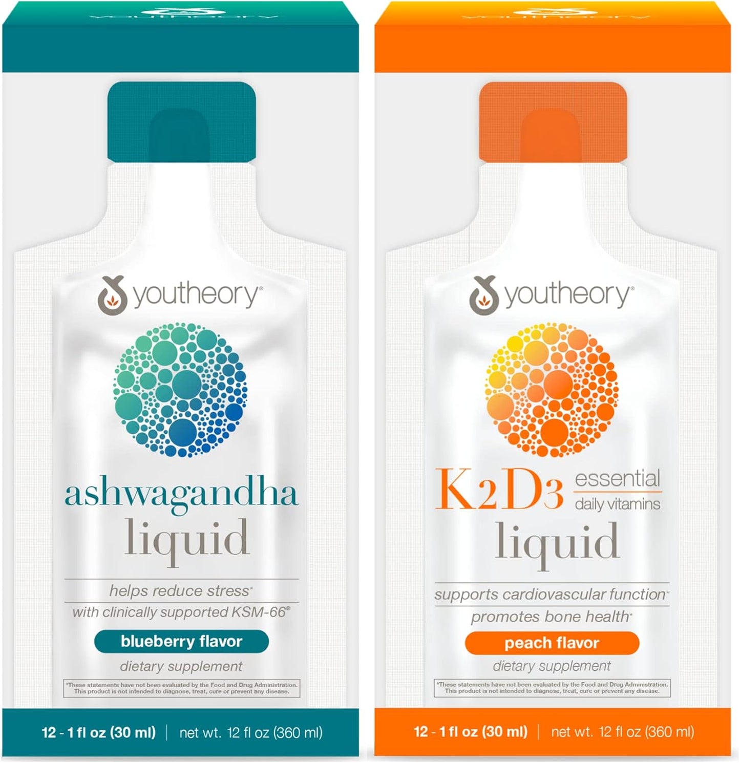 Youtheory Liquid Ashwagandha & Blueberry K2 D3 Peach Daily Vitamin Packets