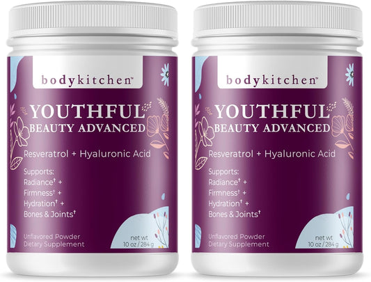 Youthful Beauty Collagen Peptides Powder with Resveratrol & Hyaluronic Acid for Hair Skin Nails, Anti-Aging & Antioxidant Support - Grass Fed (Pack of 2)