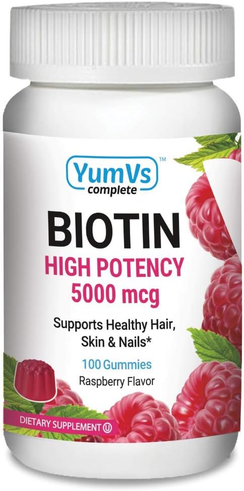 YUM-V'S High Potency Biotin Gummies 10000 mcg for Adults and Kids - Raspberry Flavored Jellies | 100-Count Vegan, Non-GMO, Kosher Supplement