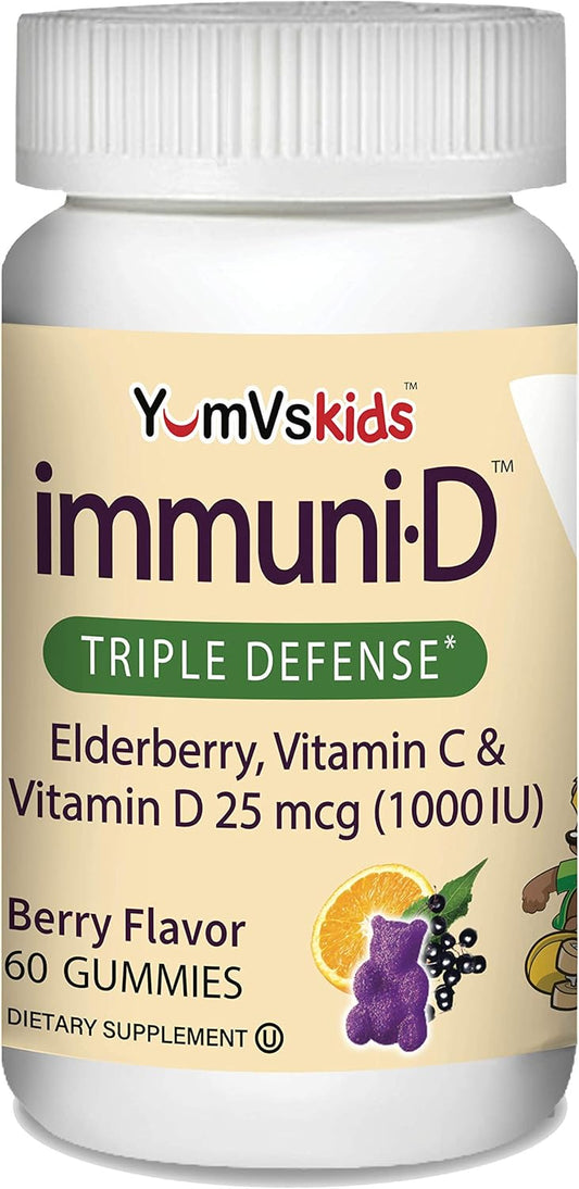 YUM-V'S ImmuniD Elderberry Gummies for Kids - 60 Count, Natural Berry Flavor Chewables with Vitamin C & D for Complete Immune Support