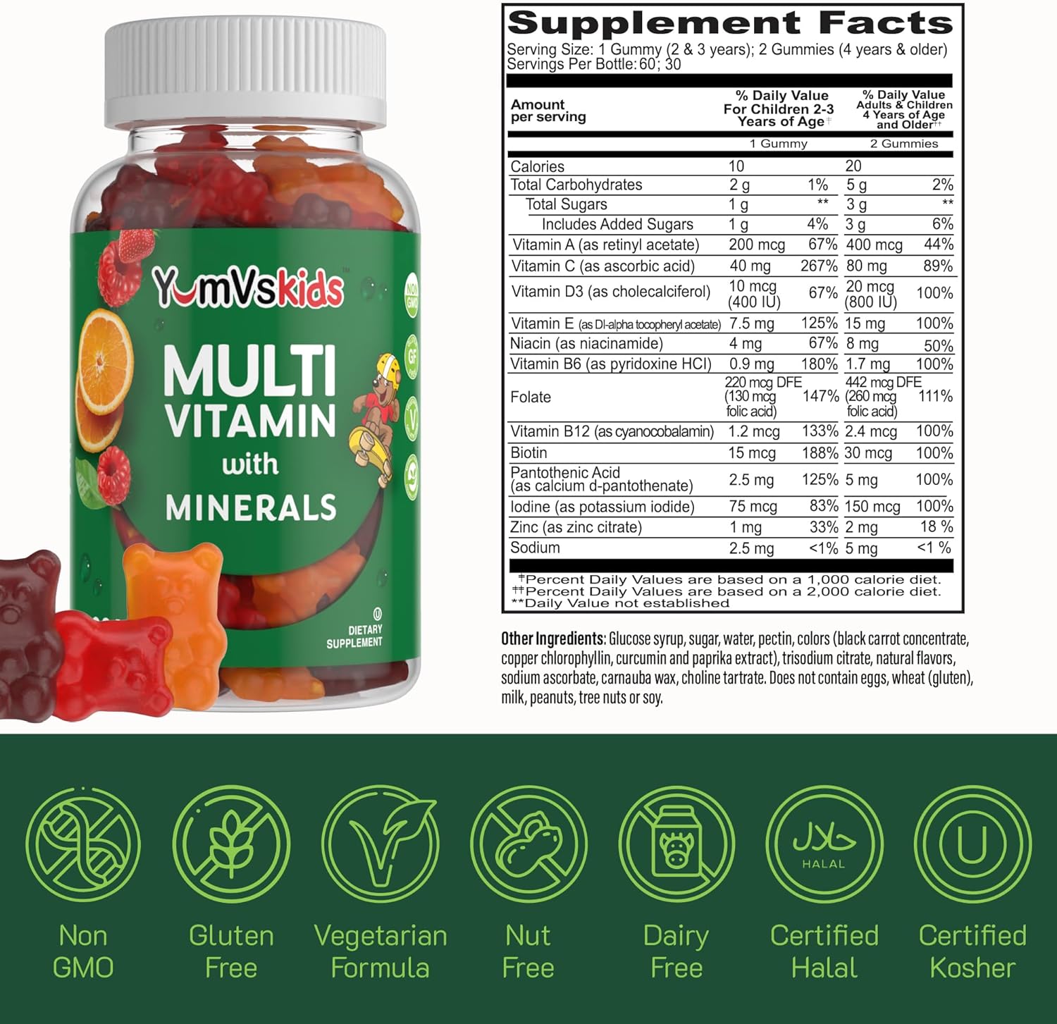 YUM-V'S Kids Multivitamin Gummies - Fruit Flavored Chewable Children's Vitamins with 12 Minerals - Kosher, Halal, Gluten Free - 120 Count - BoostGo Australia