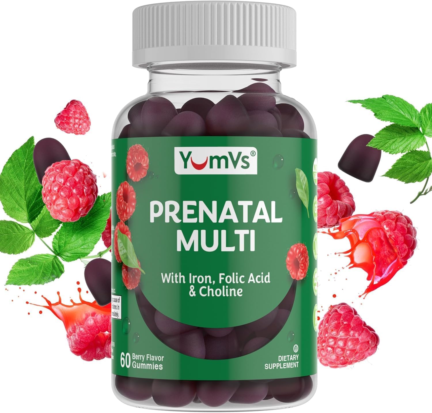 YUM-V'S Prenatal Gummies for Women - Vegetarian Multivitamin with Folic Acid, Iron, Choline, A, C, D3, E, B6, B12 - 60 Count
