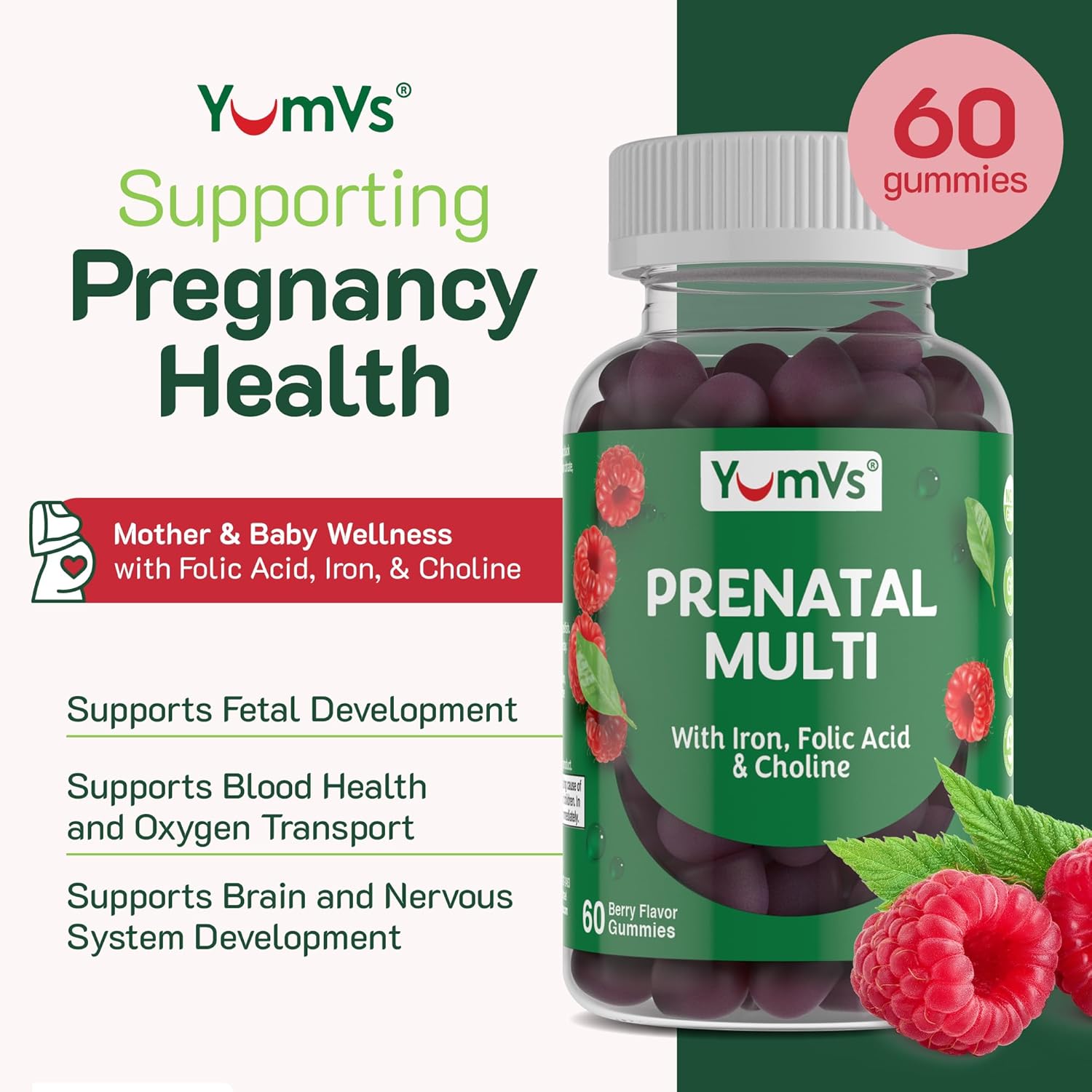 YUM-V'S Prenatal Gummies for Women - Vegetarian Multivitamin with Folic Acid, Iron, Choline, A, C, D3, E, B6, B12 - 60 Count