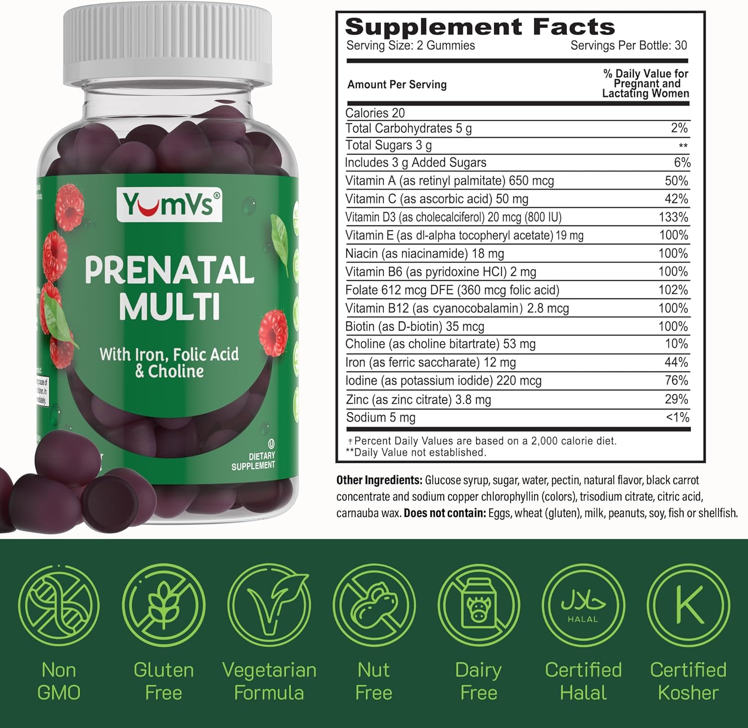 YUM-V'S Prenatal Gummies for Women - Vegetarian Multivitamin with Folic Acid, Iron, Choline, A, C, D3, E, B6, B12 - 60 Count