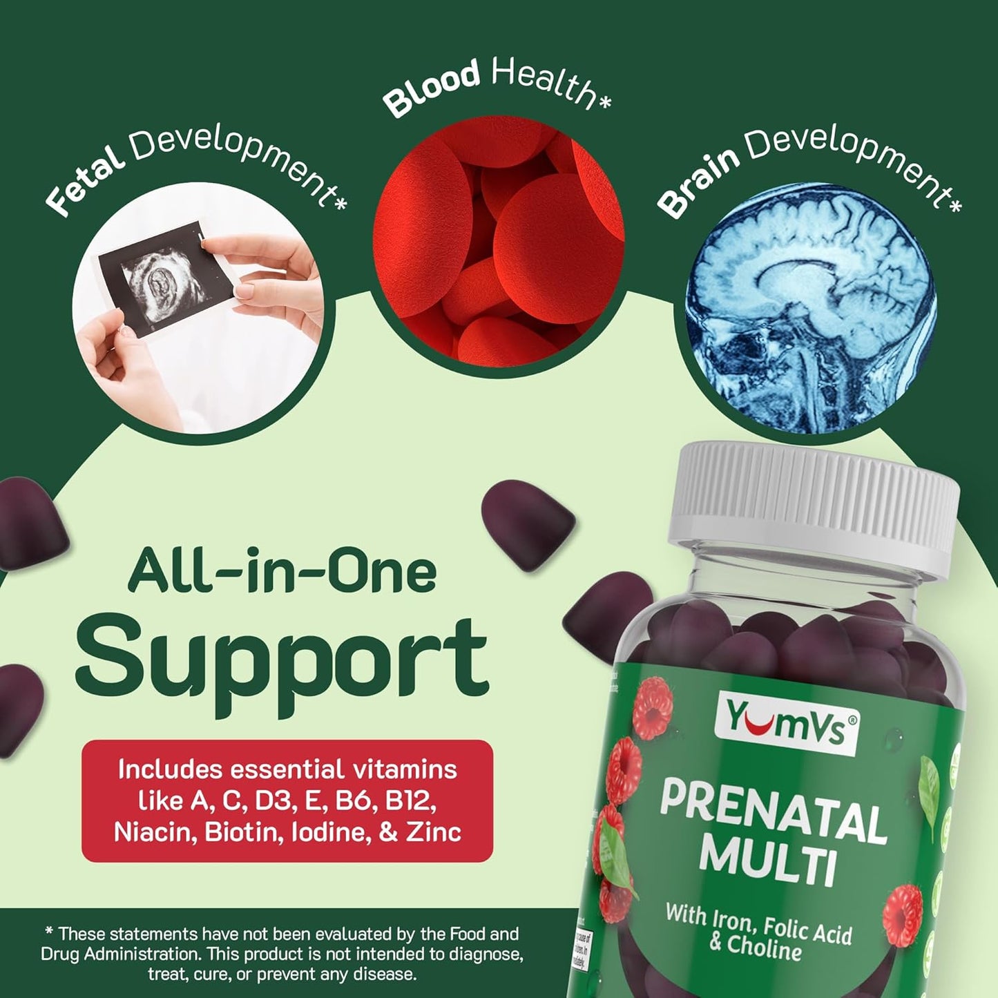 YUM-V'S Prenatal Gummies for Women - Vegetarian Multivitamin with Folic Acid, Iron, Choline, A, C, D3, E, B6, B12 - 60 Count