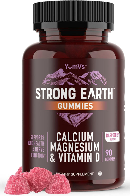 YUM-V'S Strong Earth Calcium, Magnesium, Vitamin D3 Gummies - 90 Count - Kosher Certified - Bone Health Supplement for Women & Men
