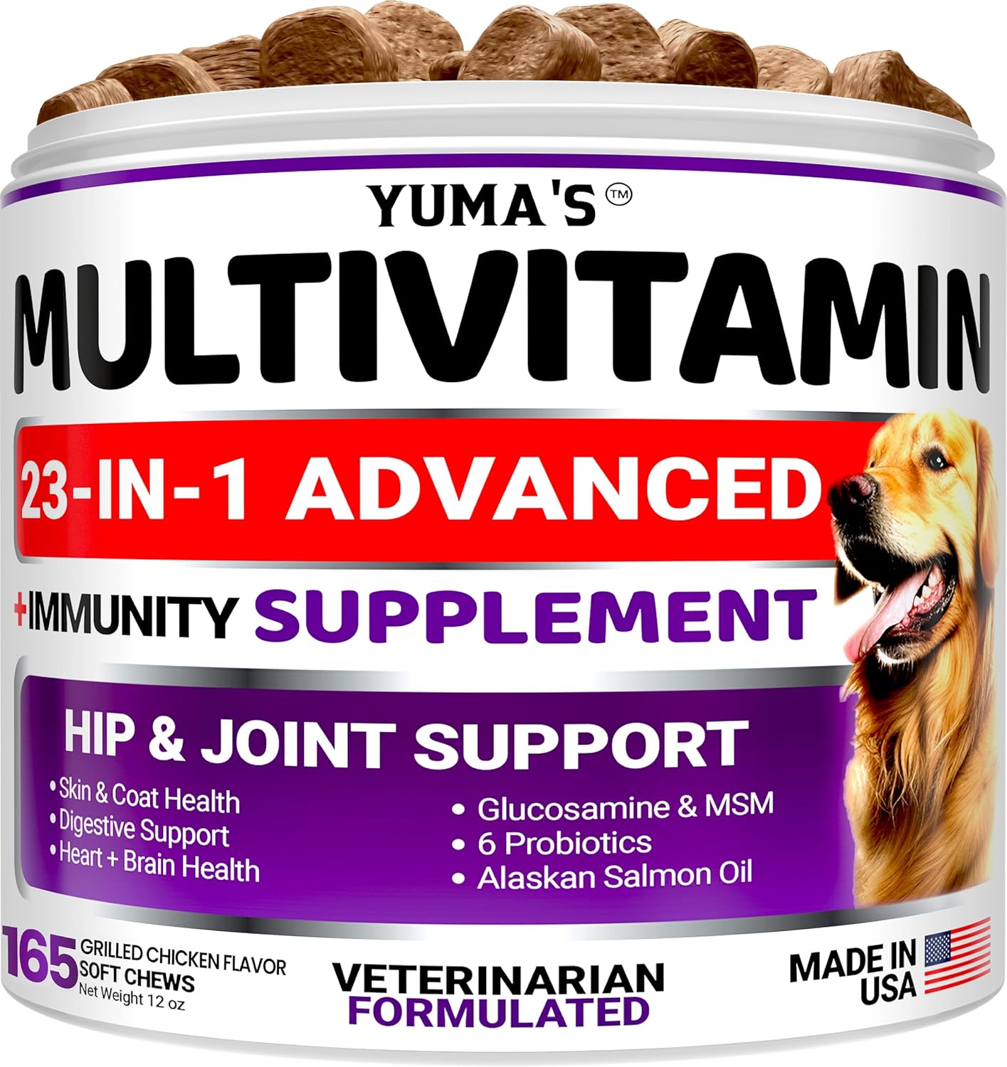 YUMA's Dog Multivitamin Chewable with Glucosamine - 165 Treats - Senior & Puppy Vitamins for Dogs - Hip & Joint Support - Immune Health, Skin, Heart, Digestion - Probiotics Included