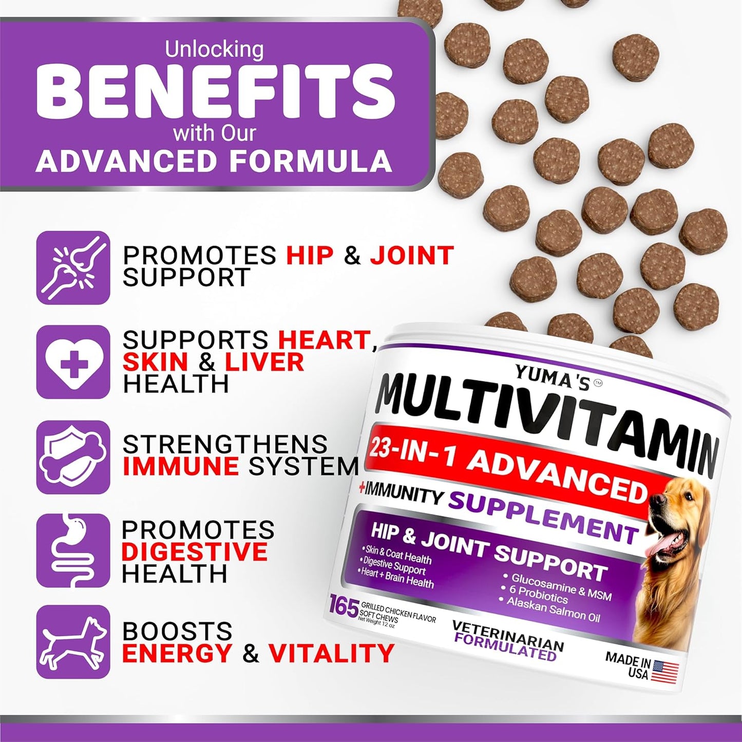 YUMA's Dog Multivitamin Chewable with Glucosamine - 165 Treats - Senior & Puppy Vitamins for Dogs - Hip & Joint Support - Immune Health, Skin, Heart, Digestion - Probiotics Included