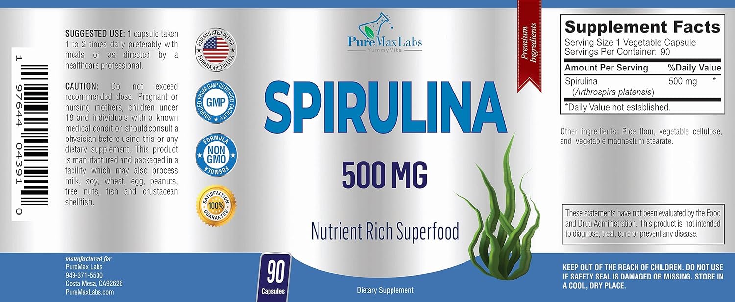 YUMMYVITE Spirulina Capsules - 500mg Nutrient-Rich Superfood with High Antioxidant Content - 90 Count