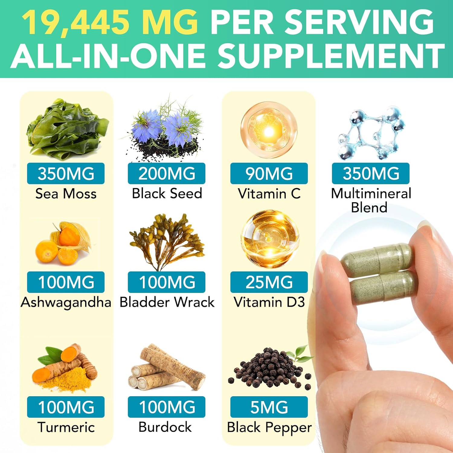 YUNTINGGO Sea Moss Black Seed Oil Capsules with Ashwagandha, Ginger, Vitamins, Bladderwrack, Burdock Root - 60 Count