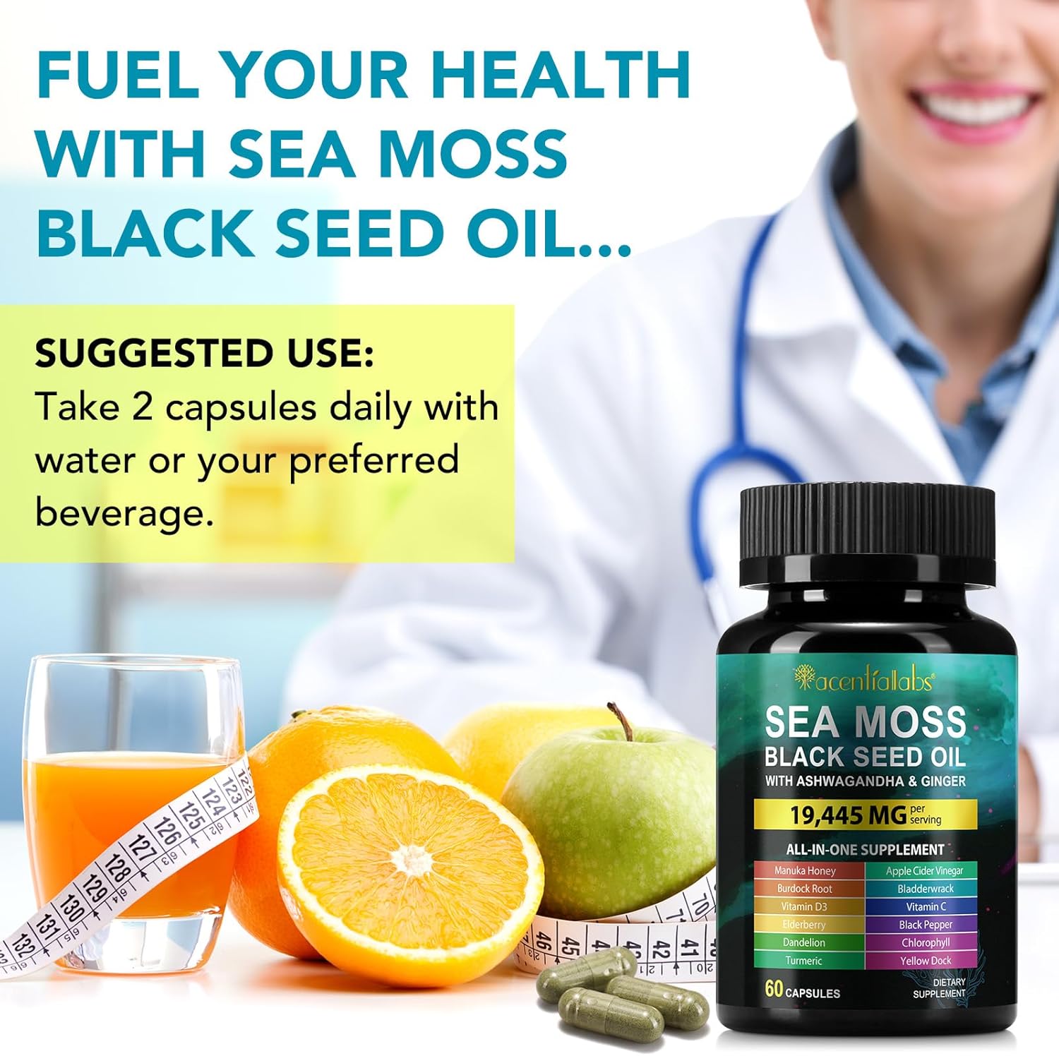 YUNTINGGO Sea Moss Black Seed Oil Capsules with Ashwagandha, Ginger, Vitamins, Bladderwrack, Burdock Root - 60 Count