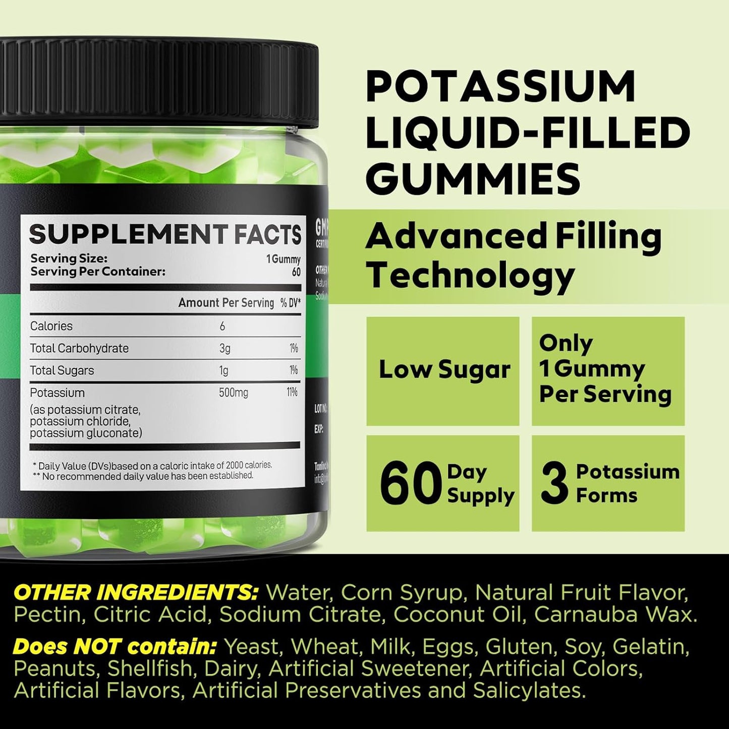 Yutiny 3-in-1 Potassium Complex Gummies 500mg - Potassium Citrate, Chloride, Gluconate - 60 Count