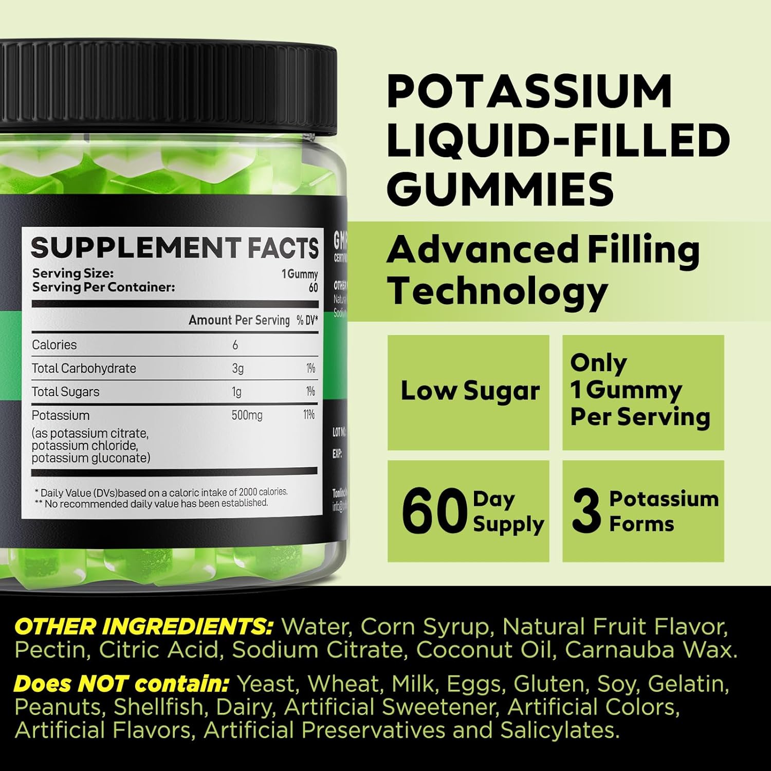 Yutiny 3-in-1 Potassium Complex Gummies 500mg - Potassium Citrate, Chloride, Gluconate - 60 Count