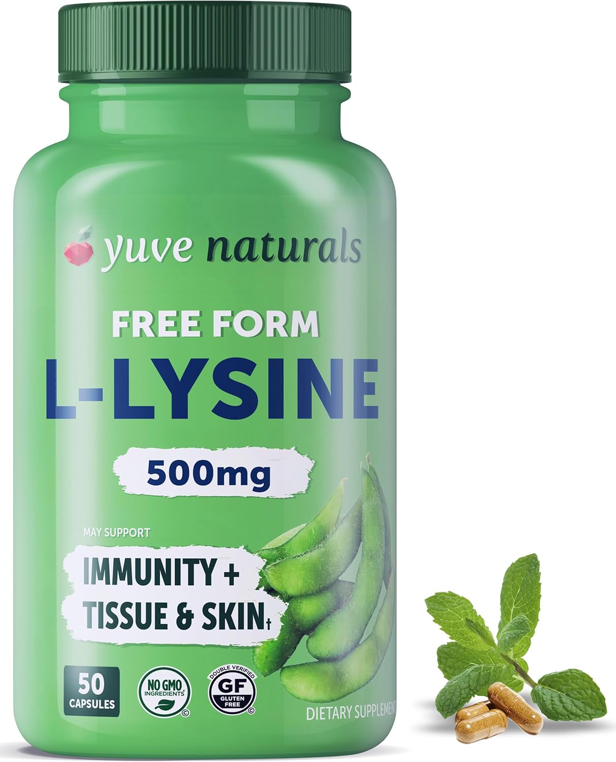 Yuve L-Lysine 500mg Capsules for Immune Support, Cold Sores, and Collagen Synthesis - Vegan, Non-GMO, Gelatin-Free - 50 Count