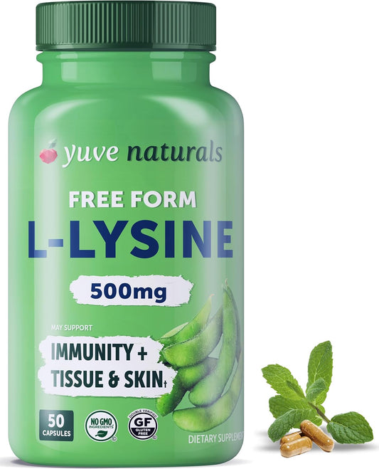 Yuve L-Lysine 500mg Capsules for Immune Support, Cold Sores, and Collagen Synthesis - Vegan, Non-GMO, Gelatin-Free - 50 Count