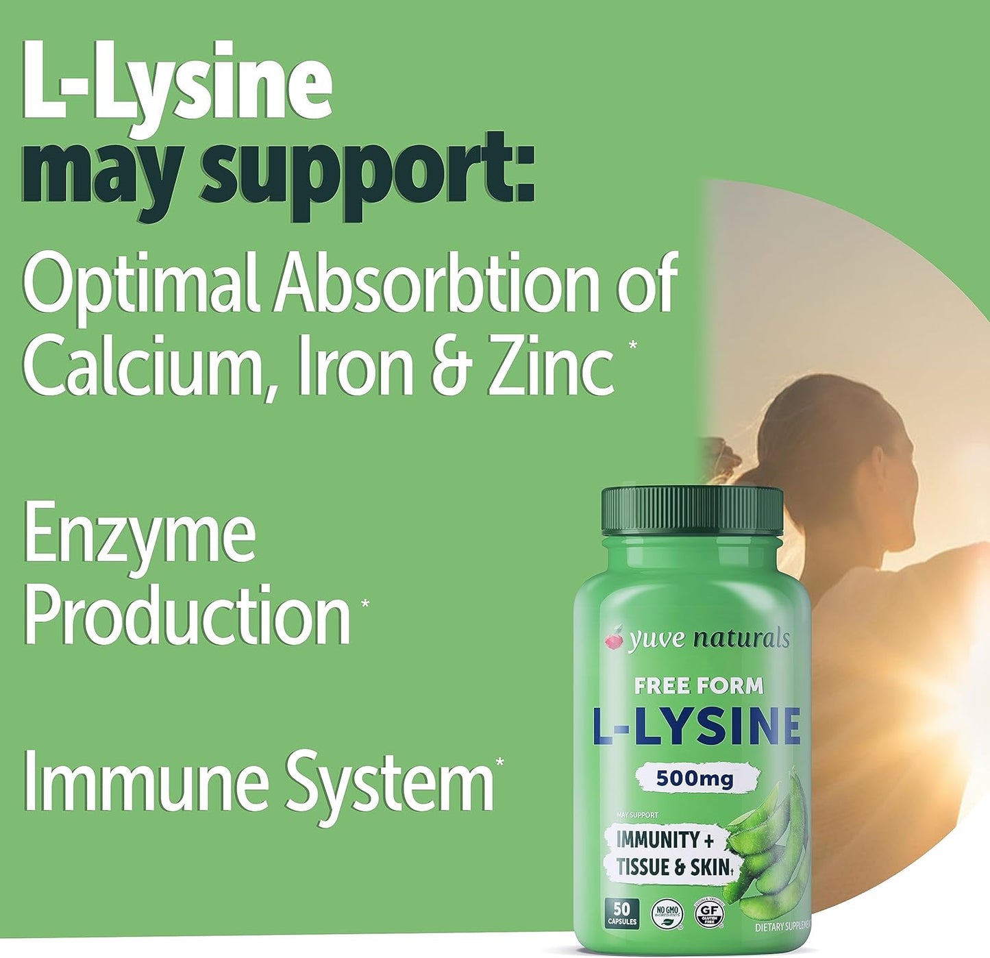 Yuve L-Lysine 500mg Capsules for Immune Support, Cold Sores, and Collagen Synthesis - Vegan, Non-GMO, Gelatin-Free - 50 Count
