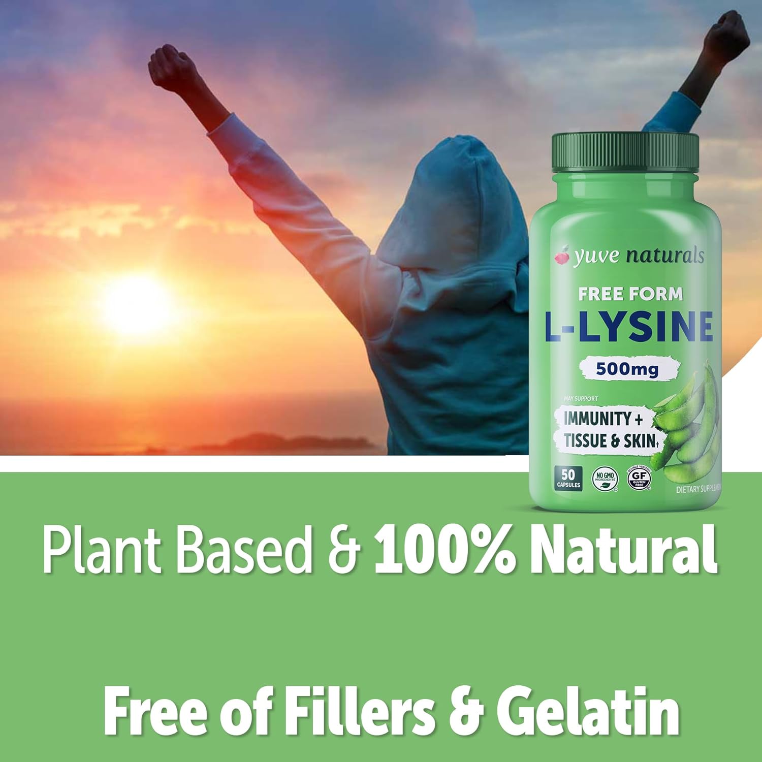 Yuve L-Lysine 500mg Capsules for Immune Support, Cold Sores, and Collagen Synthesis - Vegan, Non-GMO, Gelatin-Free - 50 Count