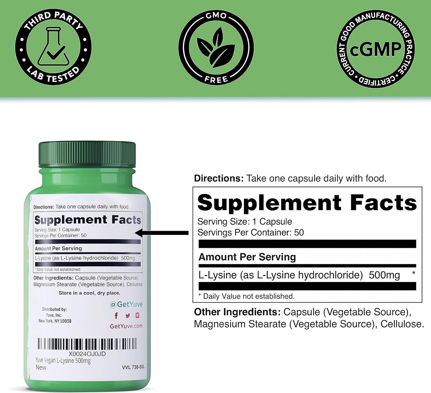 Yuve L-Lysine 500mg Capsules for Immune Support, Cold Sores, and Collagen Synthesis - Vegan, Non-GMO, Gelatin-Free - 50 Count