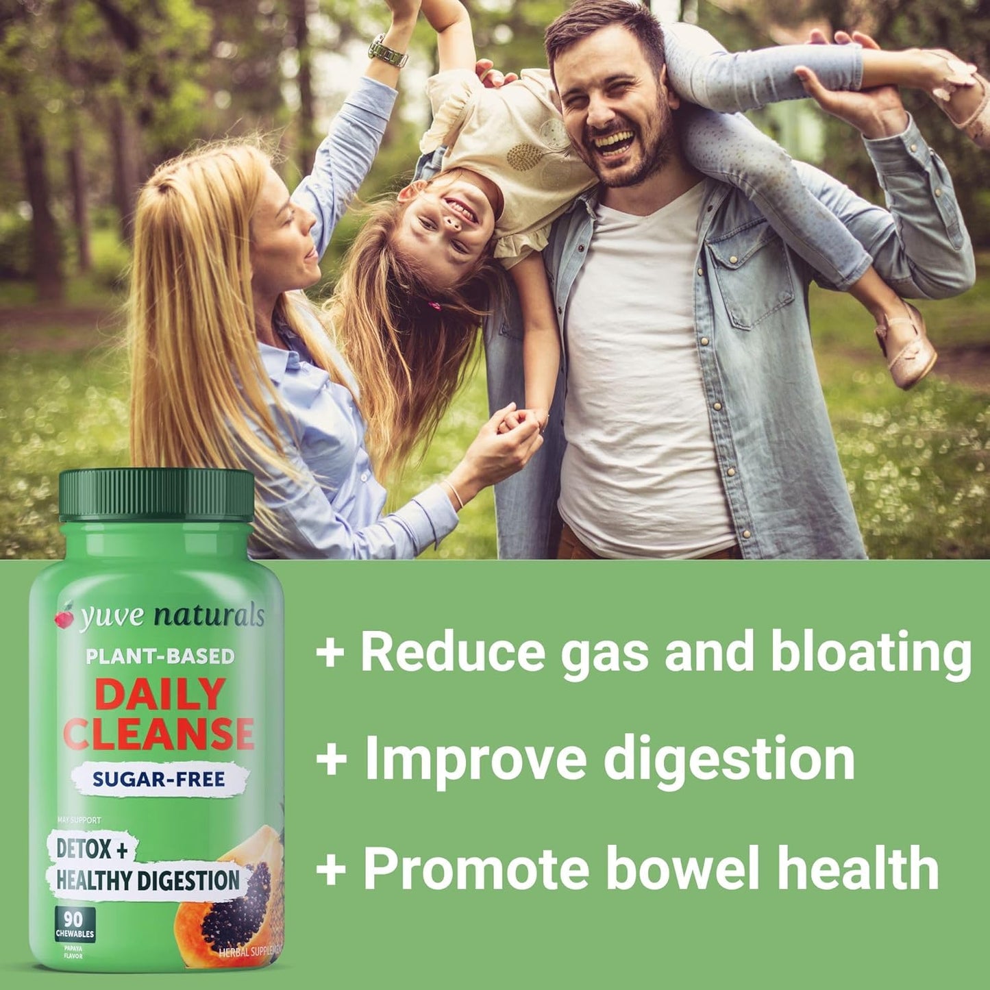 Yuve Papaya Digestive Enzyme Chewables - Sugar-Free Digestion Support - Constipation & Bloating Relief - Vegan & Non-GMO - 2 Pack of 90ct
