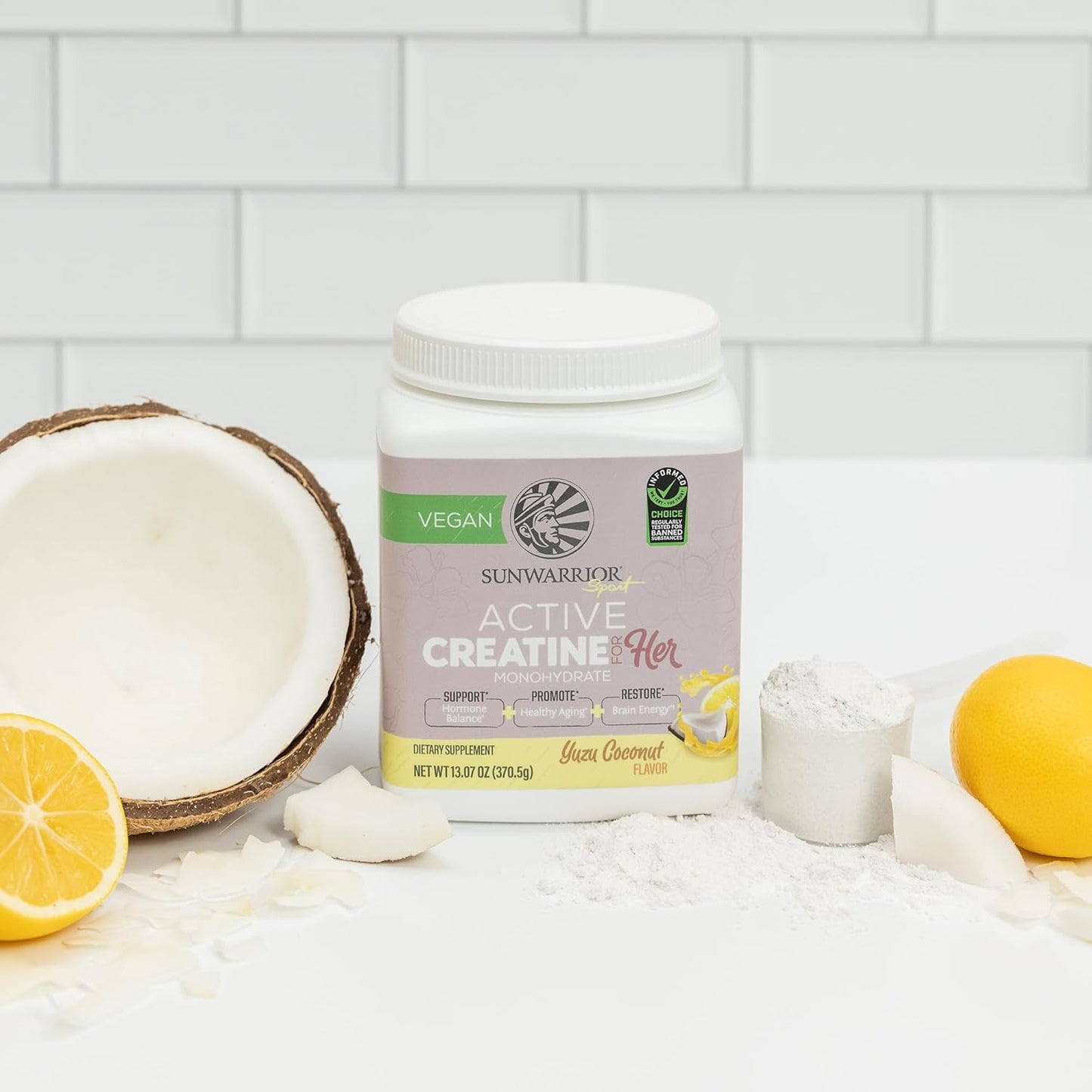 Yuzu Coconut Flavored Sunwarrior Creatine Monohydrate Powder: Vegan Keto Muscle Builder for Women, 300g Tub