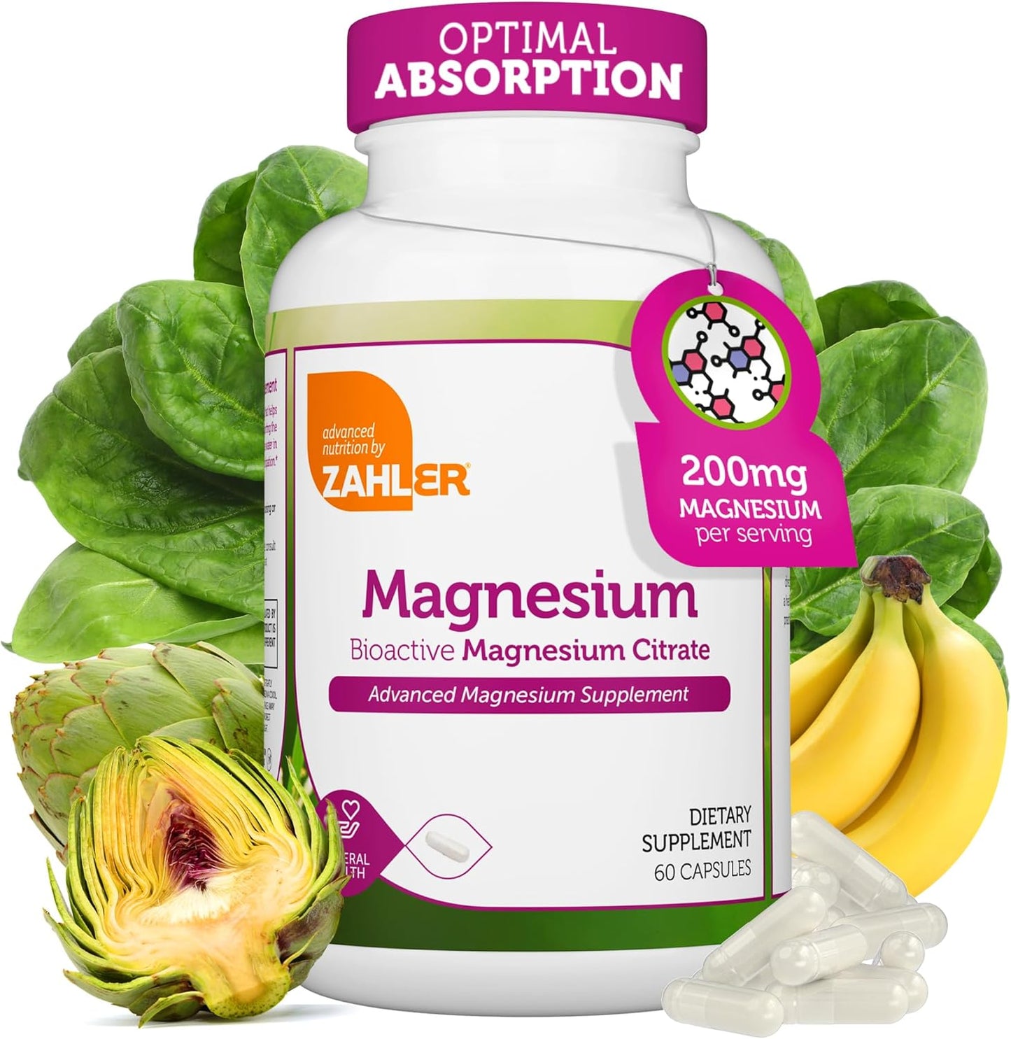 Zahler 200 mg Magnesium Capsules - 60 Count, Certified Kosher Bioactive Citrate, Max Absorption, Natural Mineral for Men & Women - Top Magnesium Supplement