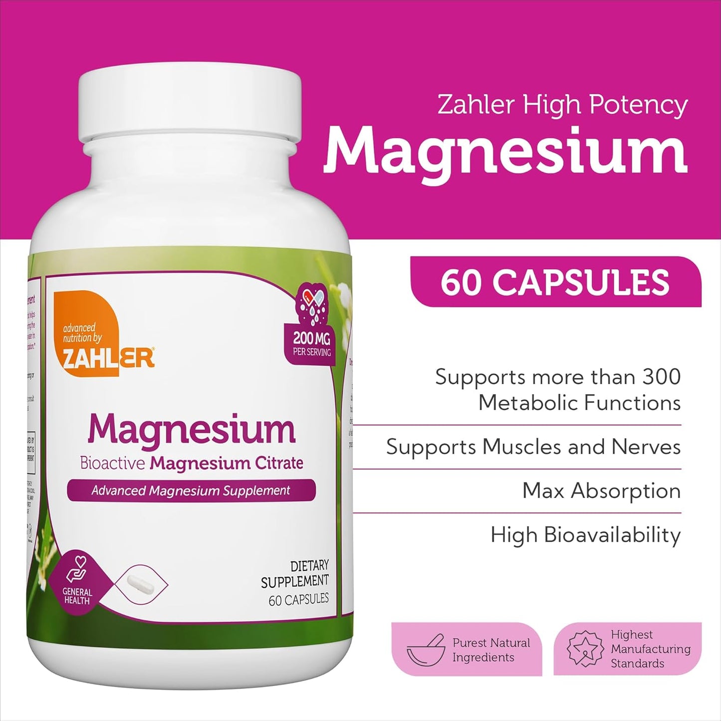 Zahler 200 mg Magnesium Capsules - 60 Count, Certified Kosher Bioactive Citrate, Max Absorption, Natural Mineral for Men & Women - Top Magnesium Supplement