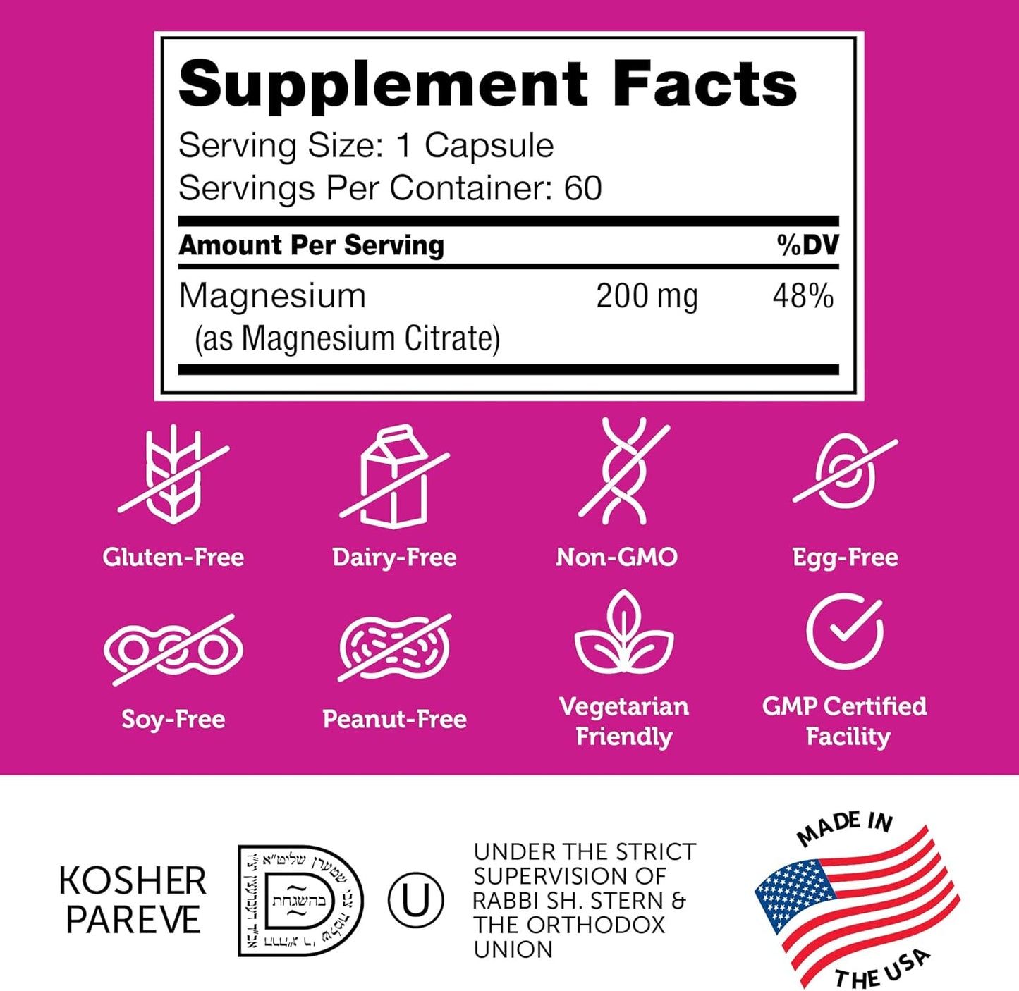 Zahler 200 mg Magnesium Capsules - 60 Count, Certified Kosher Bioactive Citrate, Max Absorption, Natural Mineral for Men & Women - Top Magnesium Supplement