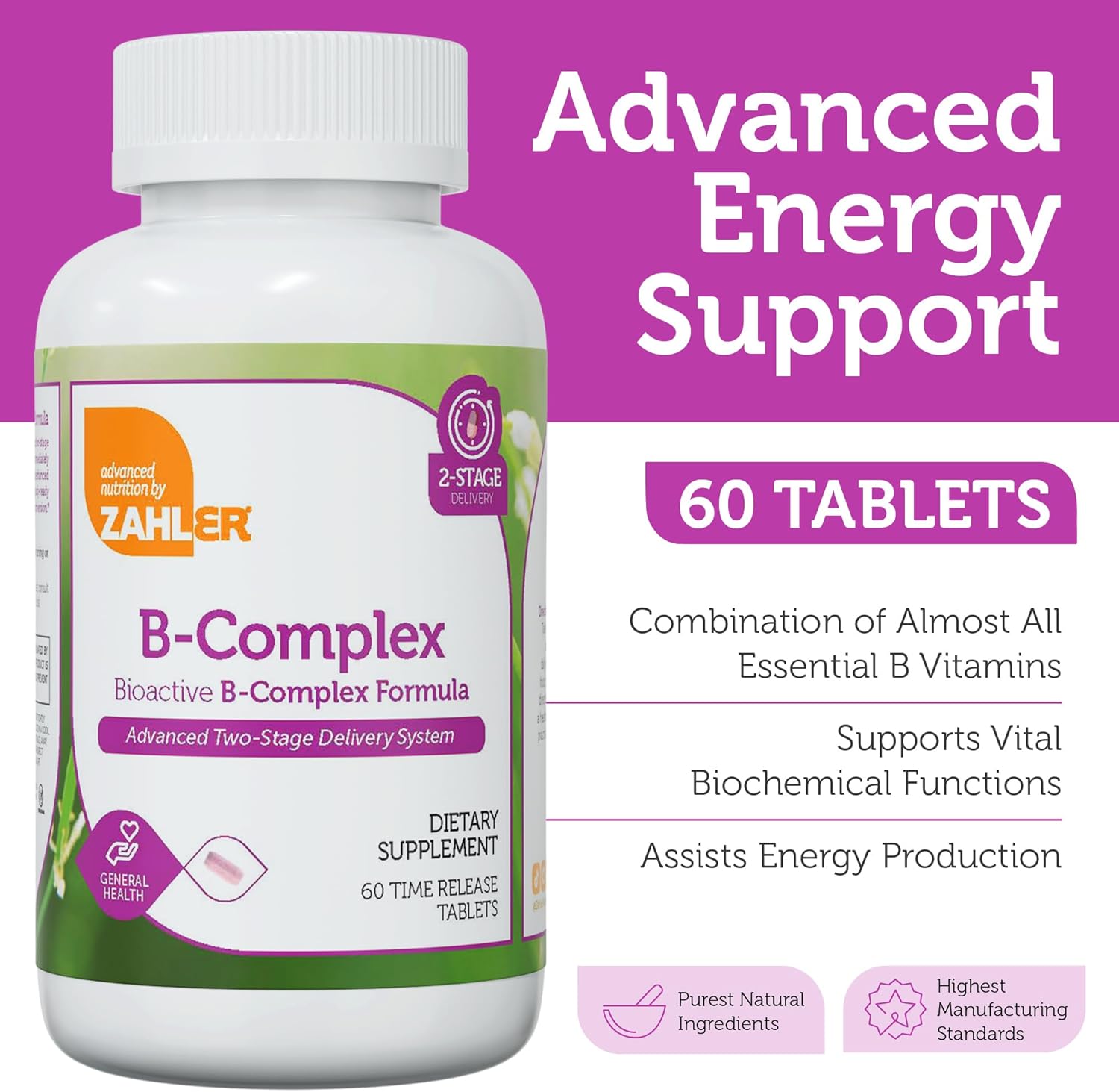 Zahler B-Complex Vitamins with Advanced 2-Stage Delivery System - Gluten Free & Non-GMO - B1 B2 B3 B5 B6 B7 B9 B12 - VIT B for Women & Men (60 Tablets)
