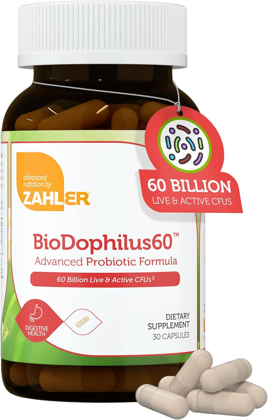 Zahler Biodophilus Capsules - 60 Billion Live Cultures, Digestive Health Support, Kosher Certified - 30 Count