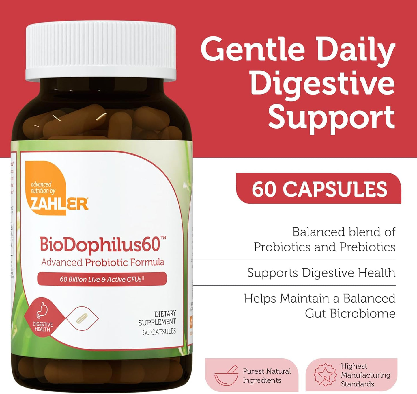 Zahler BioDophilus60 Probiotic + Prebiotic - 60 Billion CFU, 11 Strains - Digestive Health Supplement for Men & Women - Kosher (60 Capsules)