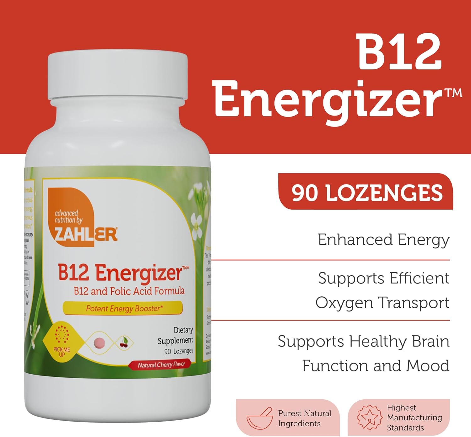 Zahler Energizer Cherry Lozenges - Fast Dissolving Folate & B12 Supplement - Methylated Dual Vitamin Formula with High Folic Acid & B12 - 90 Count