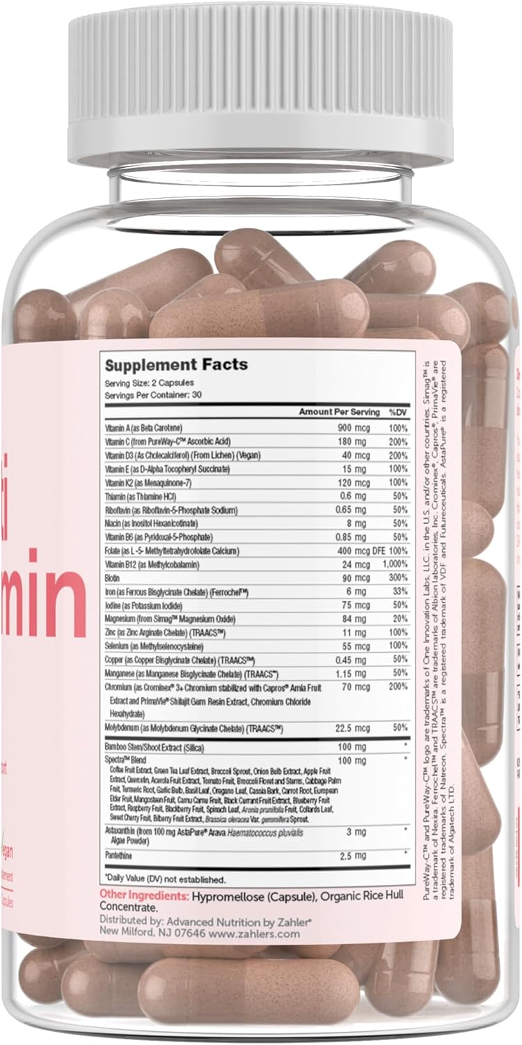 Zahler Multivitamin Beauty Capsules with Iron for Women and Men - Daily Skin, Hair, and Nails Support - Certified Kosher - 60 Count