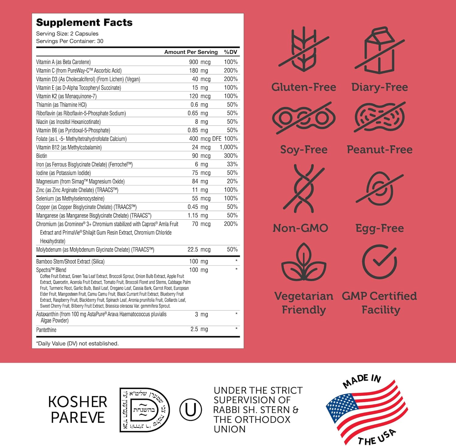 Zahler Multivitamin Beauty Capsules with Iron for Women and Men - Daily Skin, Hair, and Nails Support - Certified Kosher - 60 Count