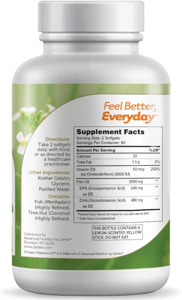 Zahler Omega 3 Platinum +D Fish Oil Supplement - Burpless Softgel with No Fishy Aftertaste - Highest EPA and DHA - Certified Kosher - 90 Softgels