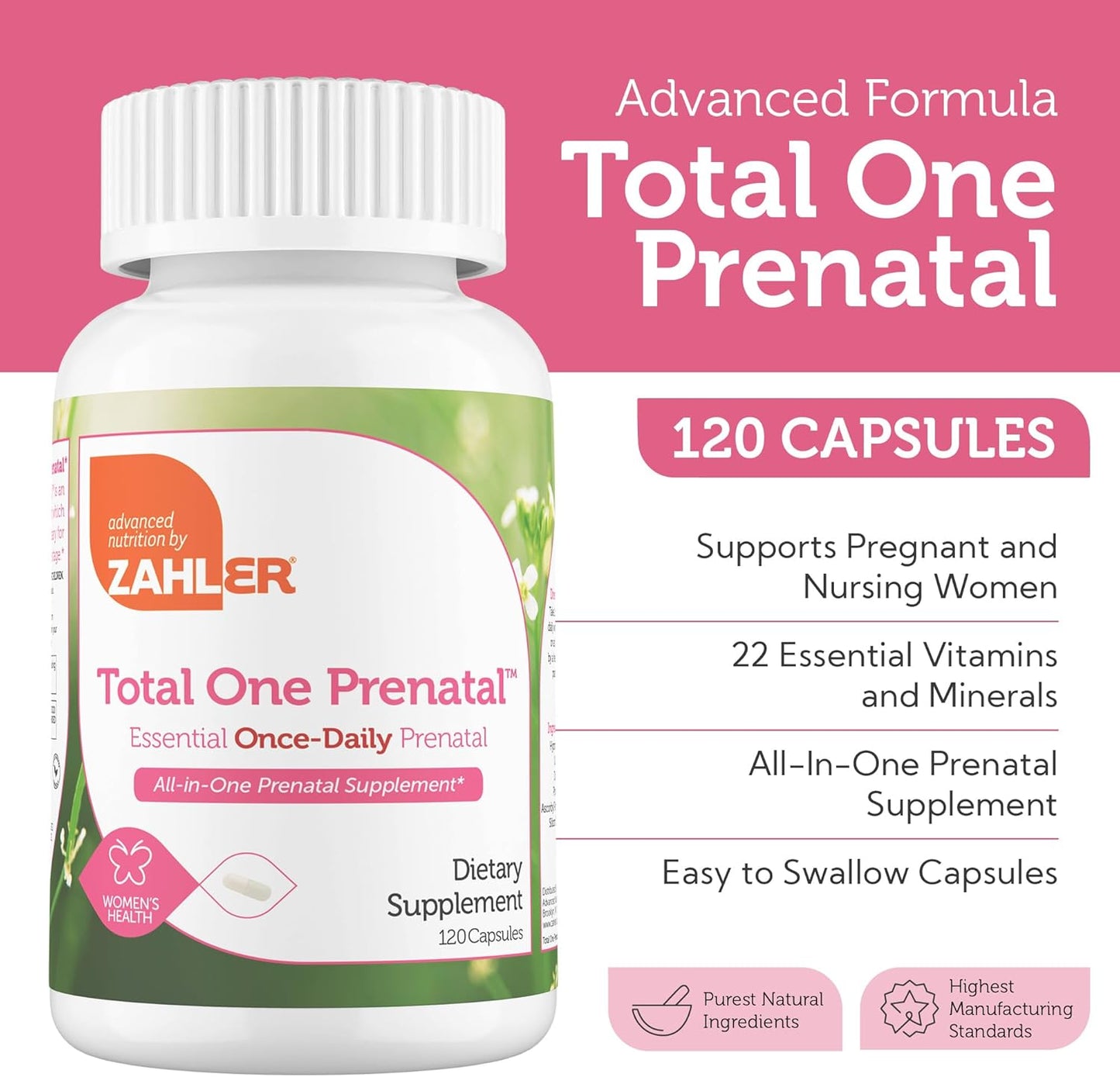 Zahler Total One Prenatal Vitamins (120 Count) - Daily Multi Vitamin for Women with Folic Acid, Iron, Zinc, and 19 Essential Vitamins and Minerals - Kosher Pre Natal Capsules