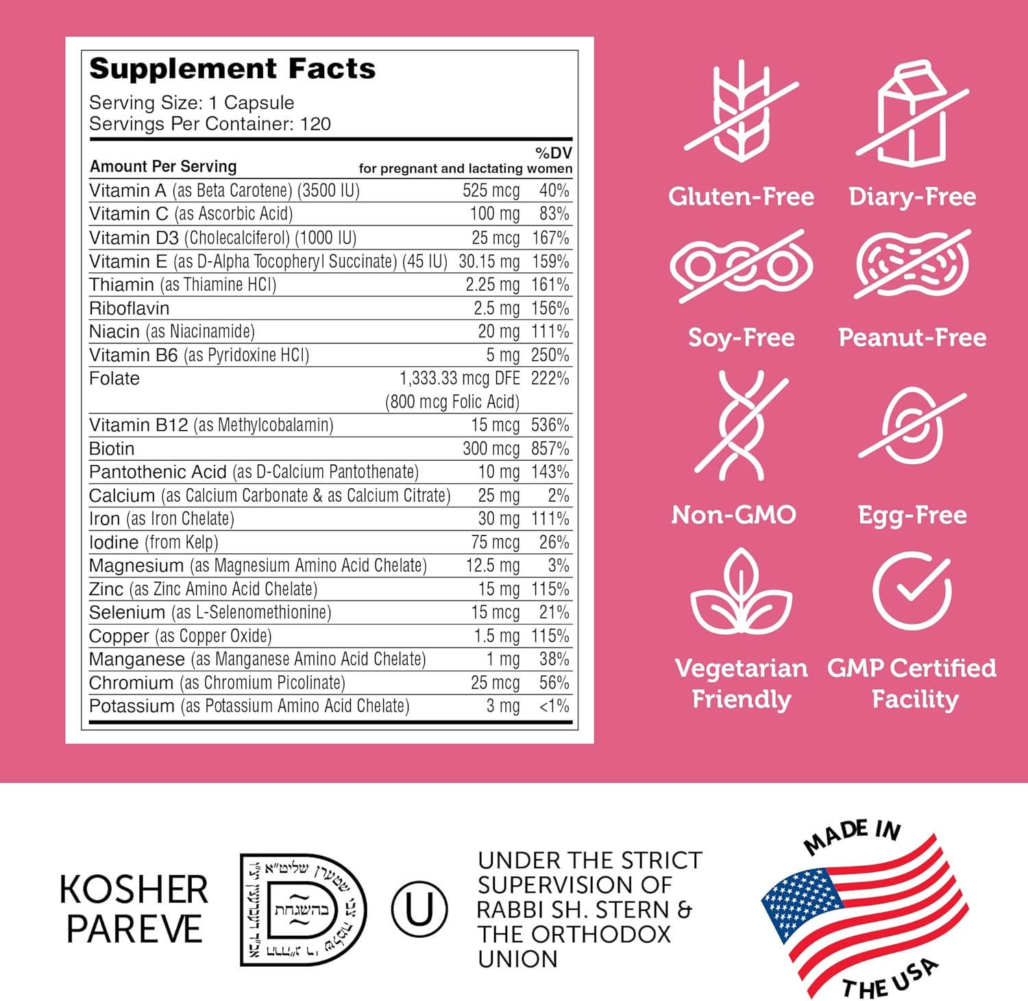 Zahler Total One Prenatal Vitamins (120 Count) - Daily Multi Vitamin for Women with Folic Acid, Iron, Zinc, and 19 Essential Vitamins and Minerals - Kosher Pre Natal Capsules